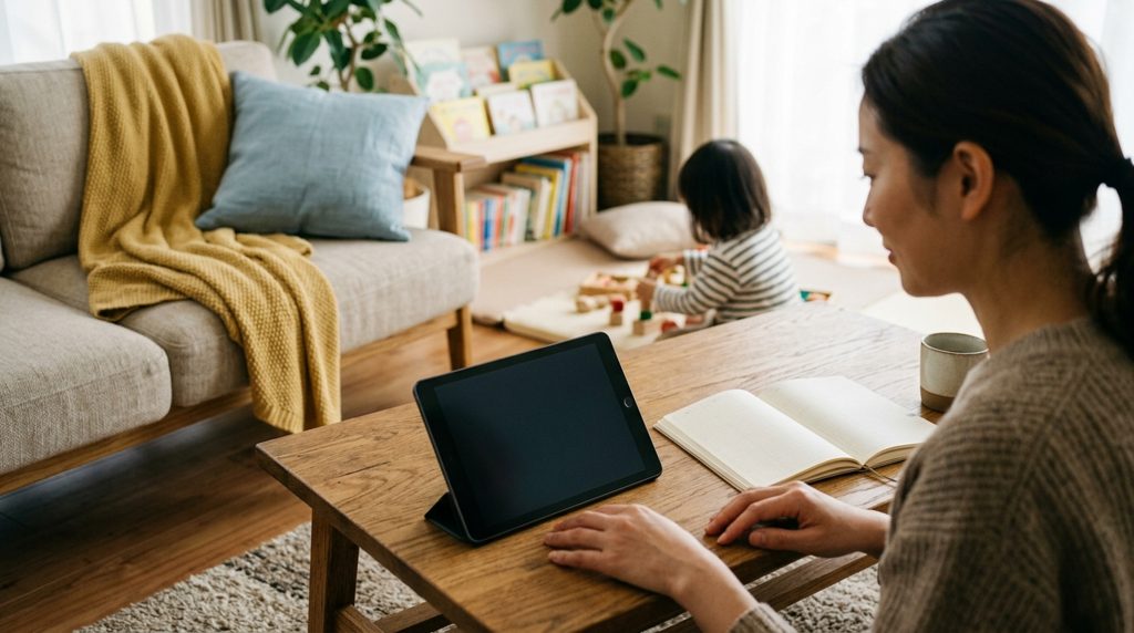 リビングで学習タブレットと手帳を見る親の手元