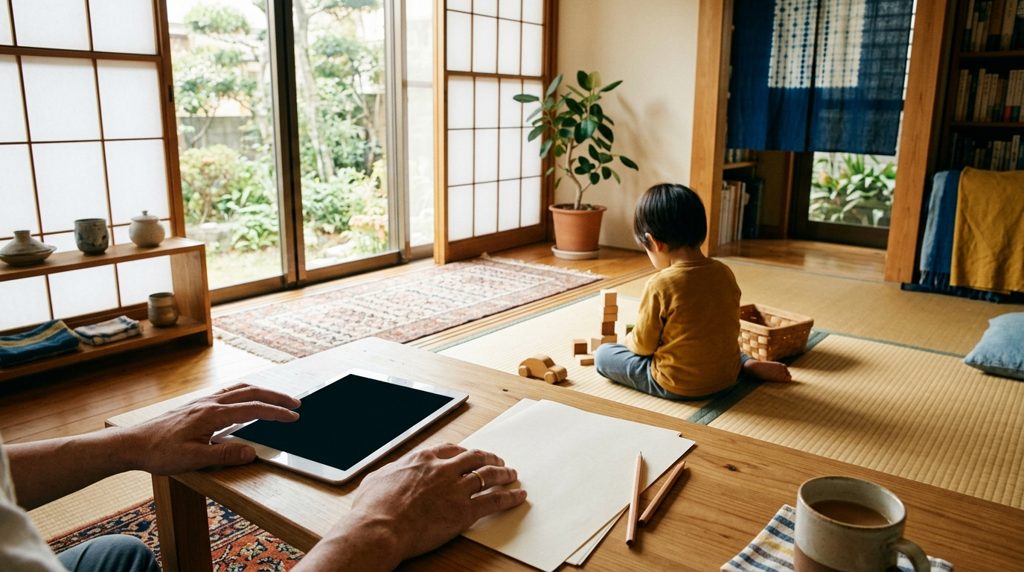リビングでタブレットと書類を前に考える親と子ども