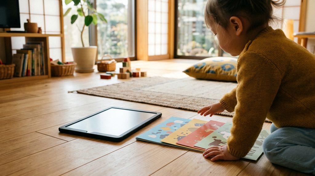 子どもがタブレットと教材を選ぶ手元