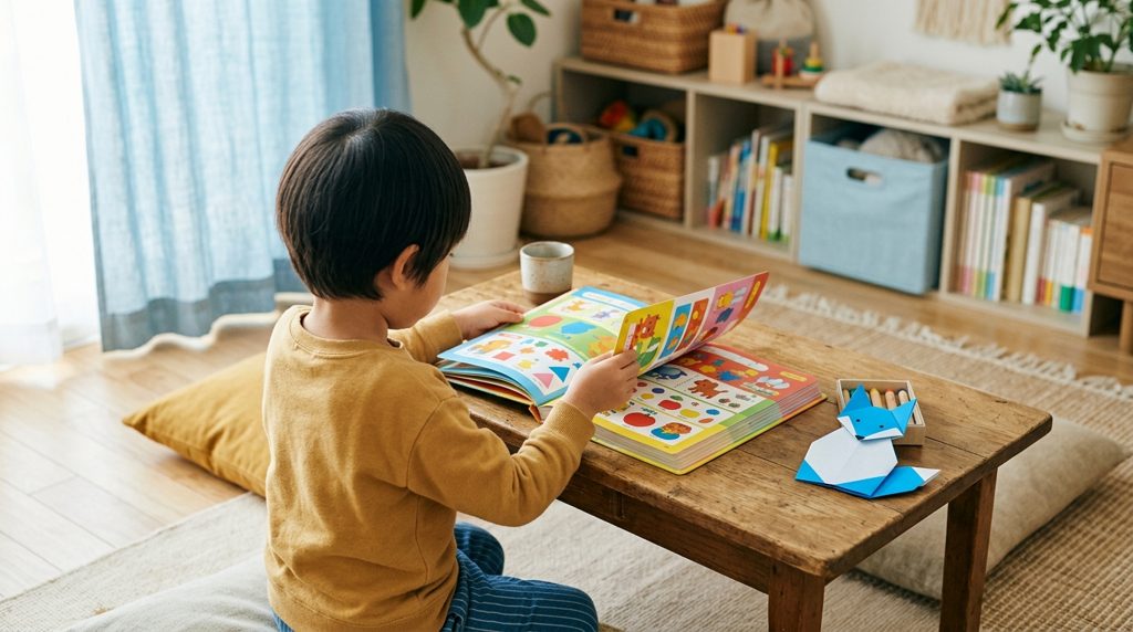 リビングでワークに取り組む子どもの手と、小さな付録