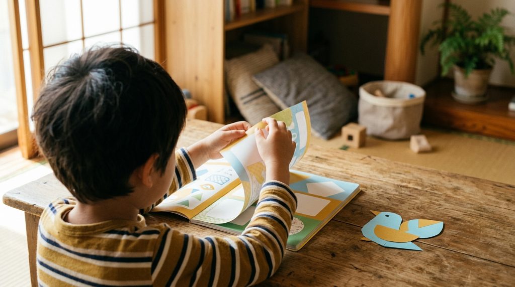 子供の手元にある紙教材と小さな付録