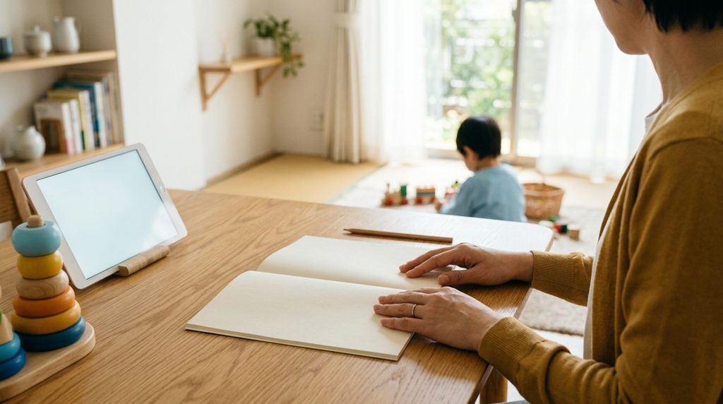 紙の教材に手を置く親、近くにおもちゃとタブレット