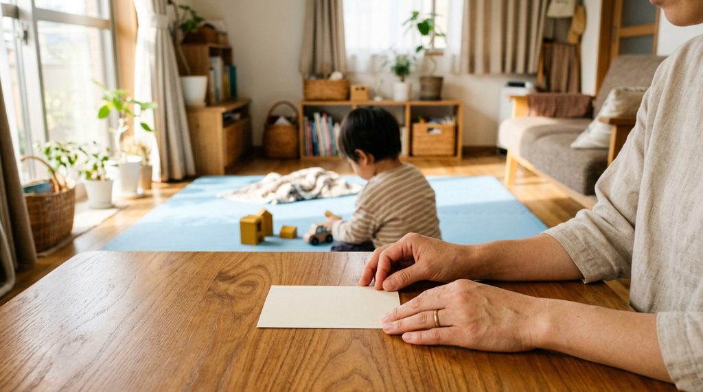 木製のテーブルで振込用紙を持つ親の手元。奥で子どもが遊んでいる様子。