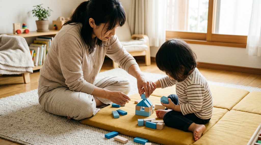 リビングで親子が青いブロックで遊ぶ手元