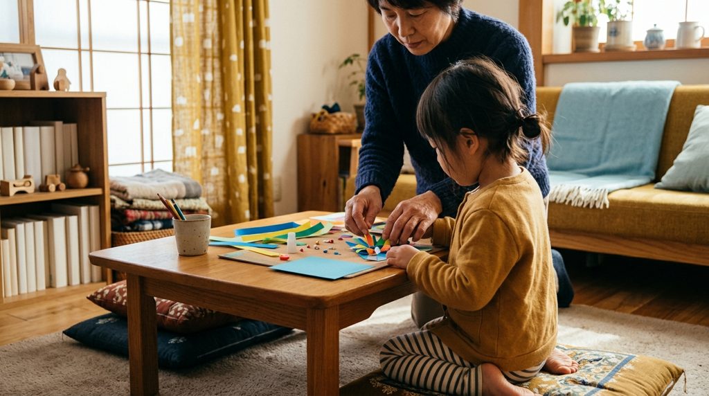 リビングで、親が子どもの手を取り、一緒に工作をしている様子。