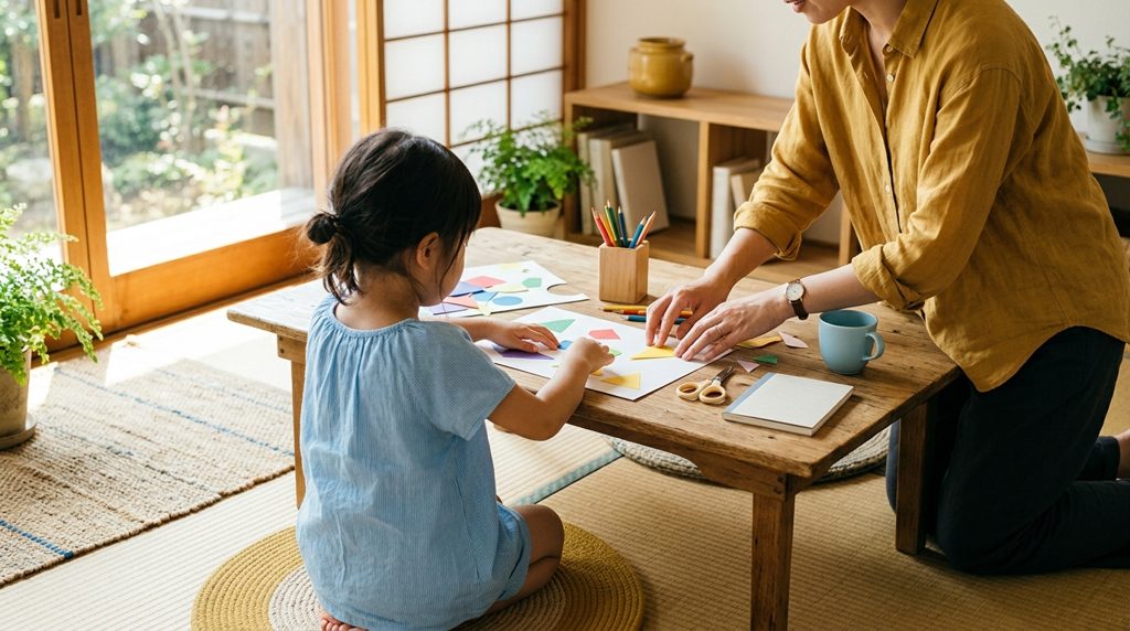 低い机で親子が一緒に教材に取り組む様子