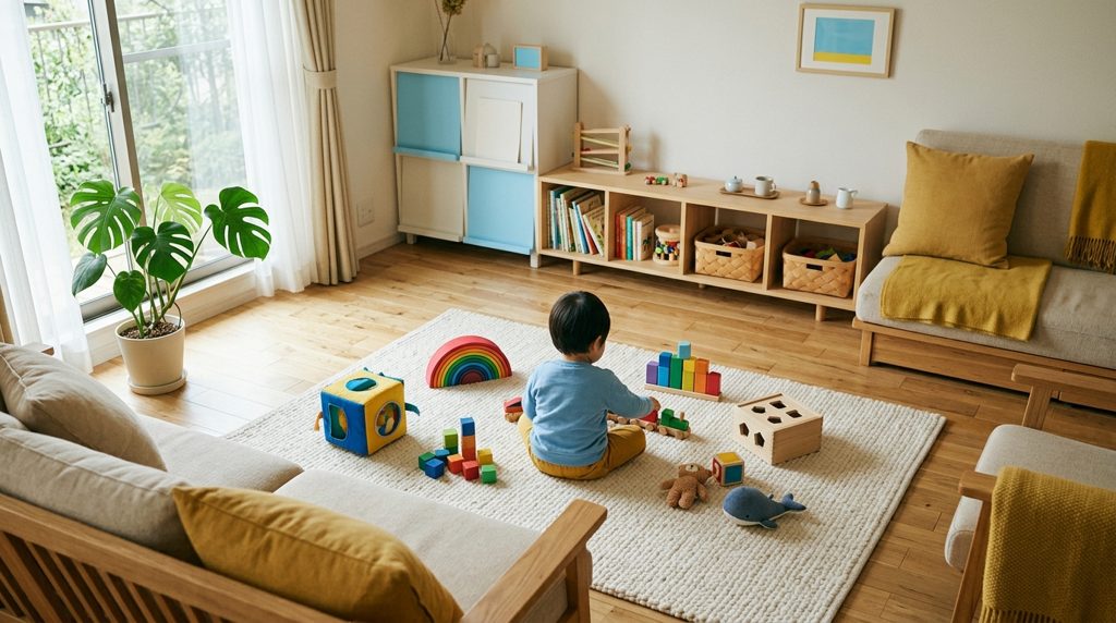 リビングでたくさんのおもちゃで遊ぶ子どもの後ろ姿