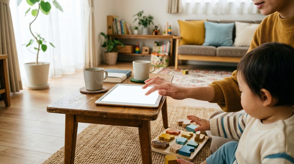 リビングでタブレットを操作する親と、おもちゃで遊ぶ子どもの手元