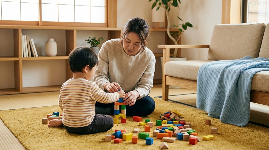 リビングで親子が小さなブロックで遊ぶ手元