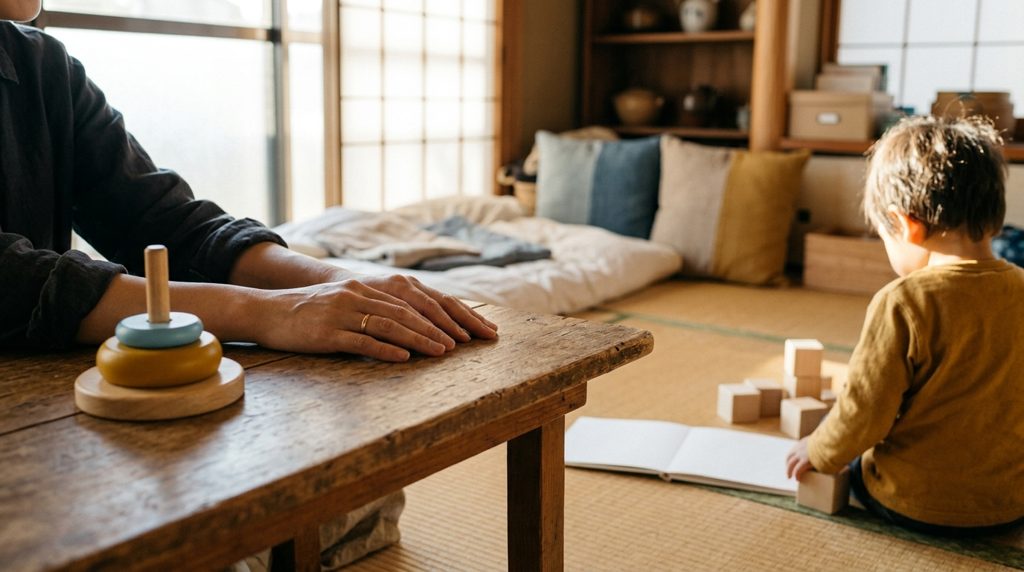 日本のリビングで、座卓に手を置く親と木のおもちゃ