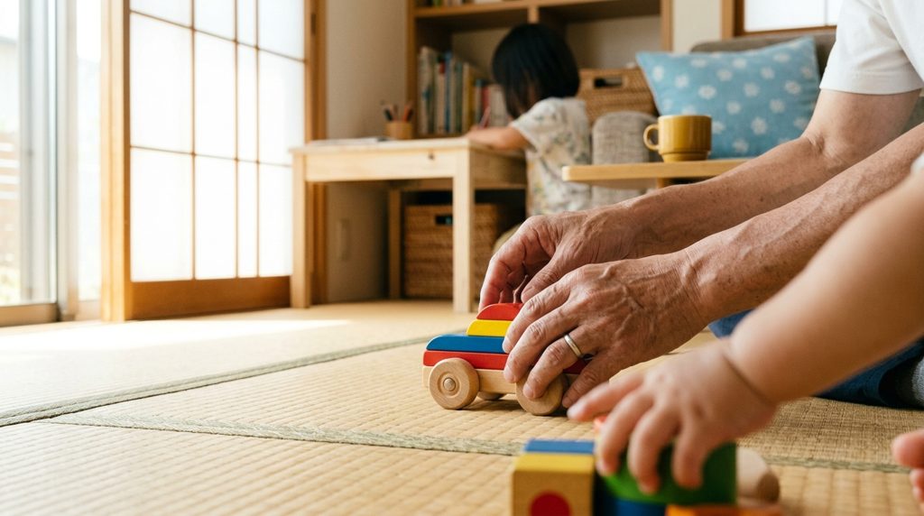 リビングで、親が子どもの木製おもちゃを丁寧に確認している手元。