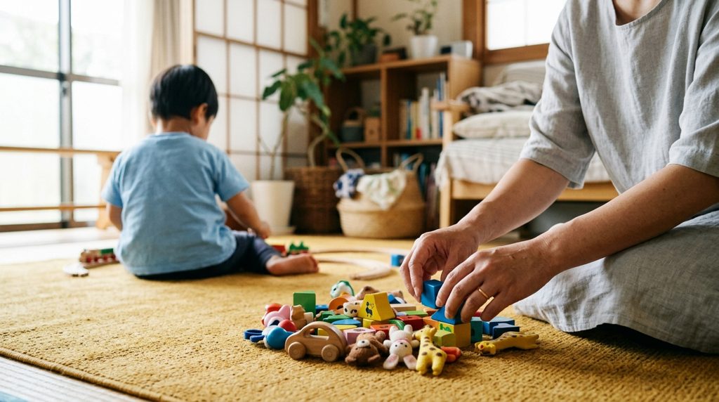 子ども用のおもちゃを片付けている親の手元