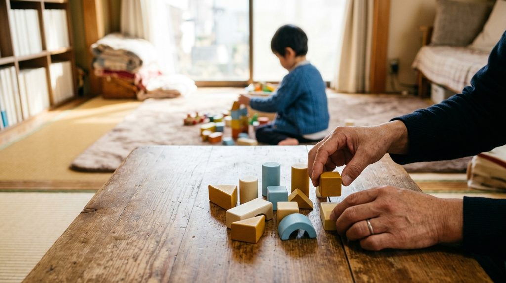 親の手がリビングでブロックを整理している様子