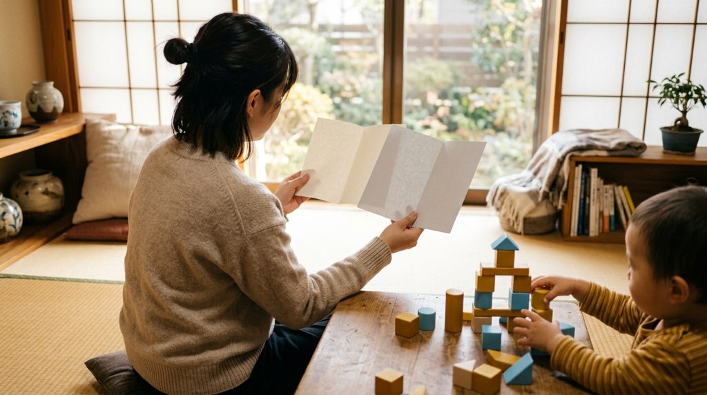 親が資料を見比べる様子と、子供がブロックで遊ぶ様子。