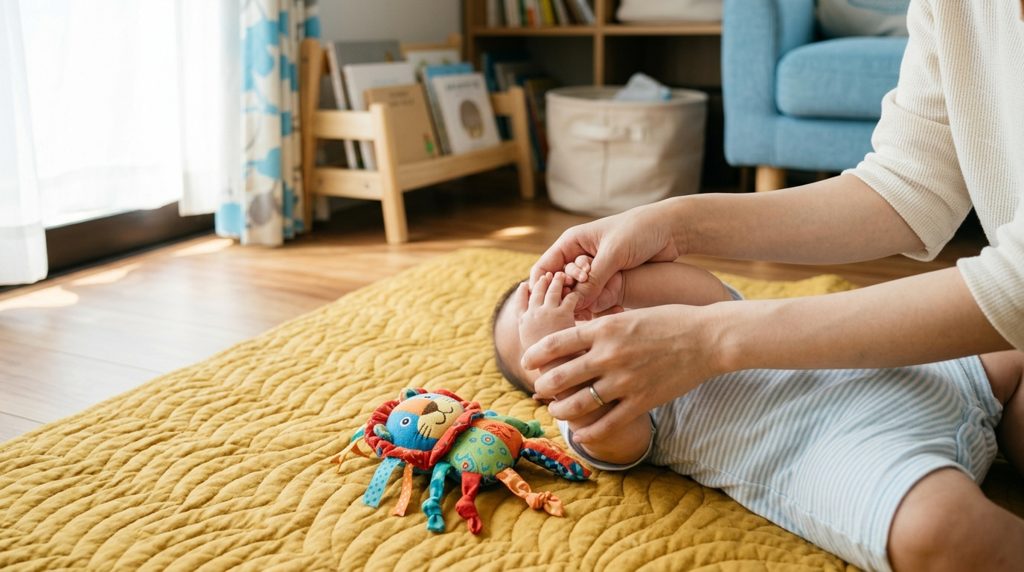 やわらかな布のおもちゃで遊ぶ親子の手元
