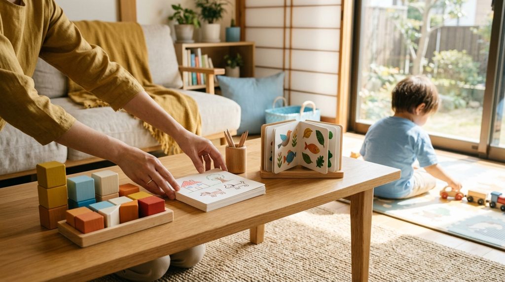 リビングで学習教材を整理する親の手