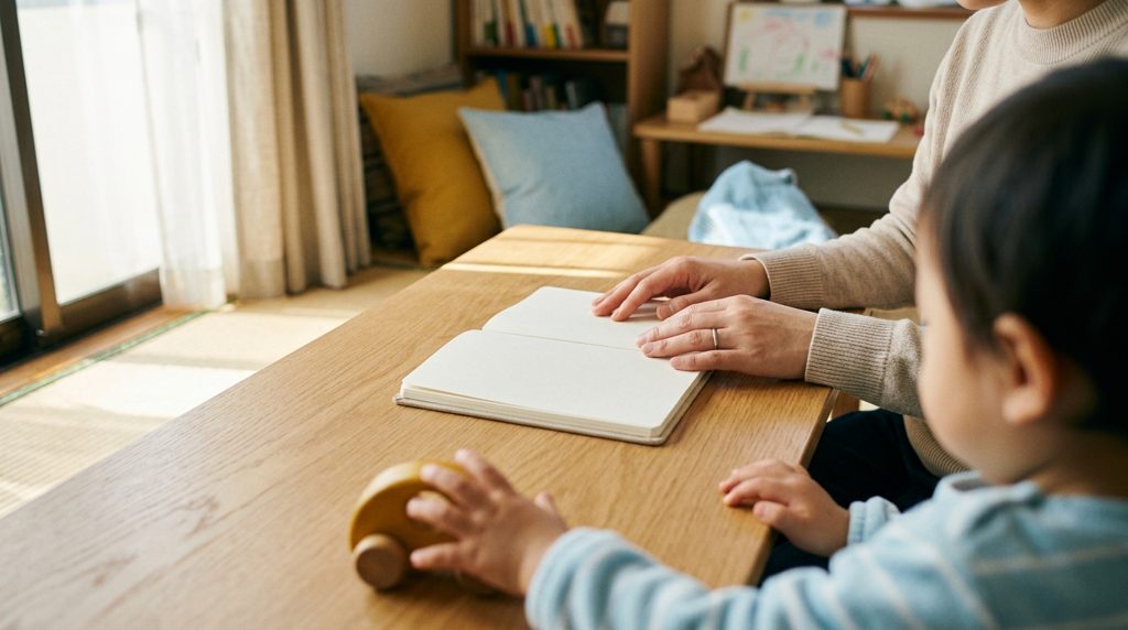 ちゃぶ台で手帳を見る親の手元と、おもちゃで遊ぶ子どもの手元