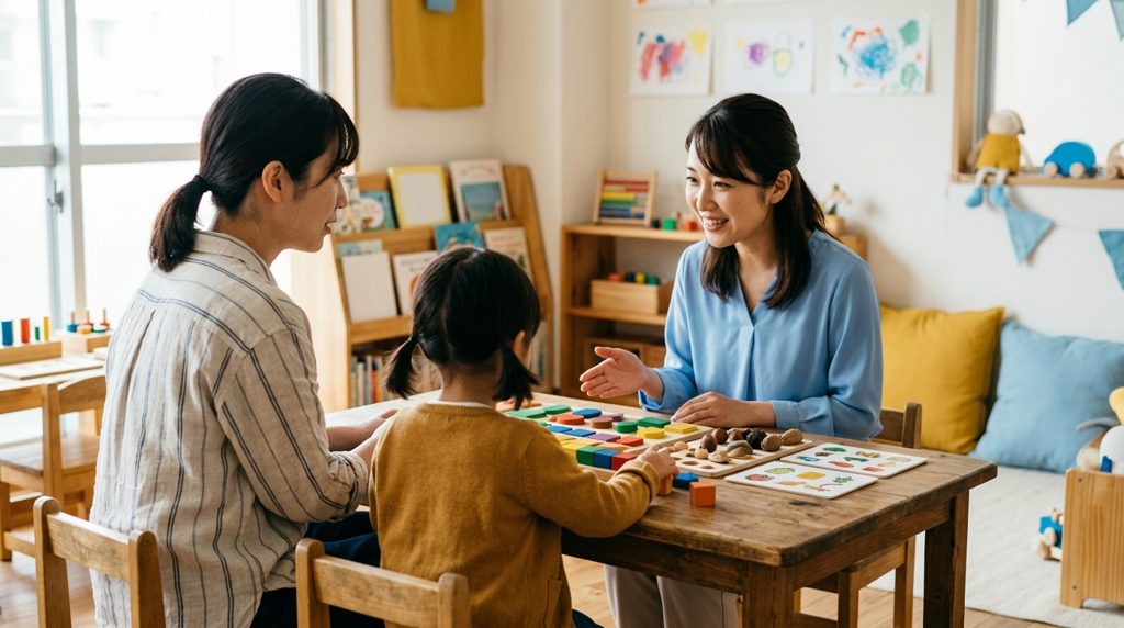 明るい教室で先生と話す親子の後ろ姿
