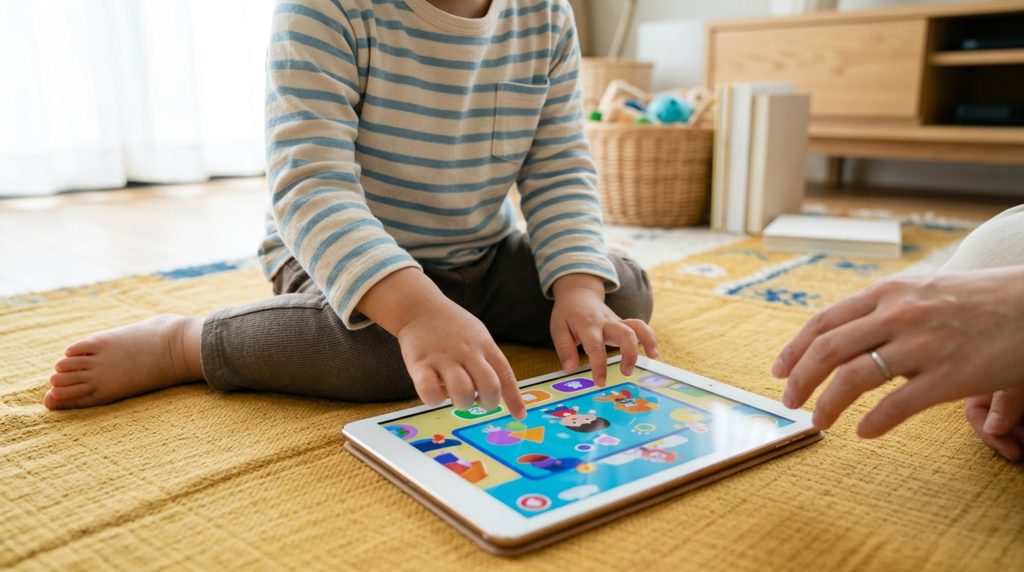 タブレットで遊ぶ子どもの手と、そばに寄り添う親の手元