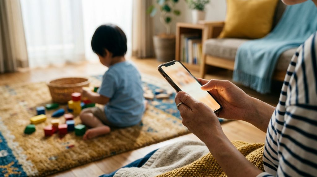 スマートフォンを操作する親の手元と、後ろで遊ぶ子