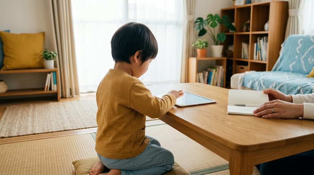 リビングでタブレットを見る子どもの手元と親のノート