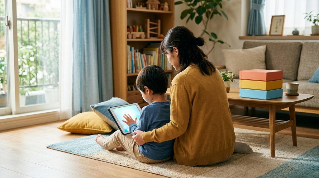 リビングで子どもがタブレットで遊ぶ姿と教材を見つめる親の後ろ姿