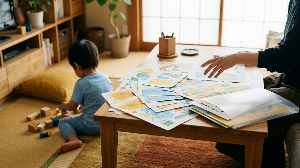 散らばった学習プリントと、どれを選ぶか迷う親の手元。