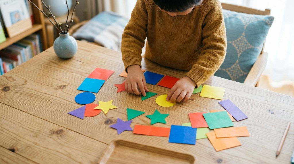 日本のリビングで、子どもが紙の形を並べる手元