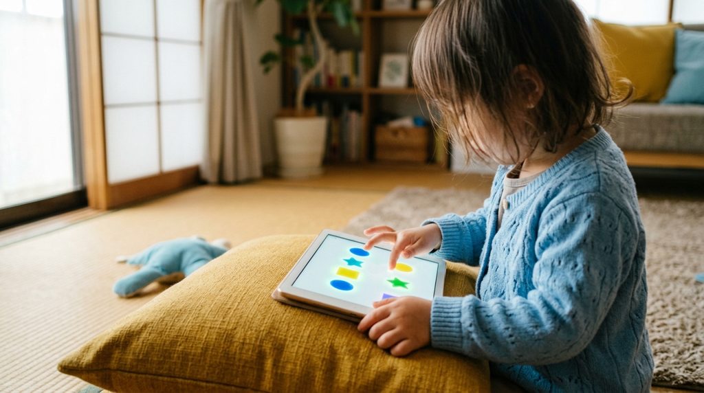 あたたかいリビングでタブレットを操作する子どもの手元