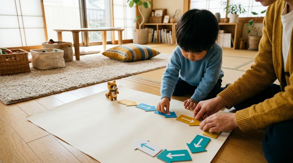 リビングの床で、親子が矢印カードを並べ、おもちゃの動物を動かす様子