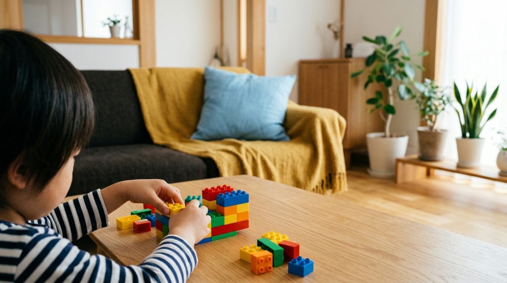 カラフルなブロックで遊ぶ子どもの手元