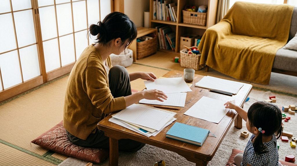 リビングで親がプリントを選び、子が手で触れる