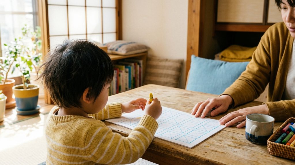 大きなマス目の練習プリントと子供の手