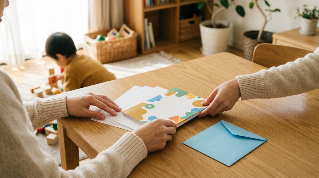 学習プリントと教材を整理する親の手元