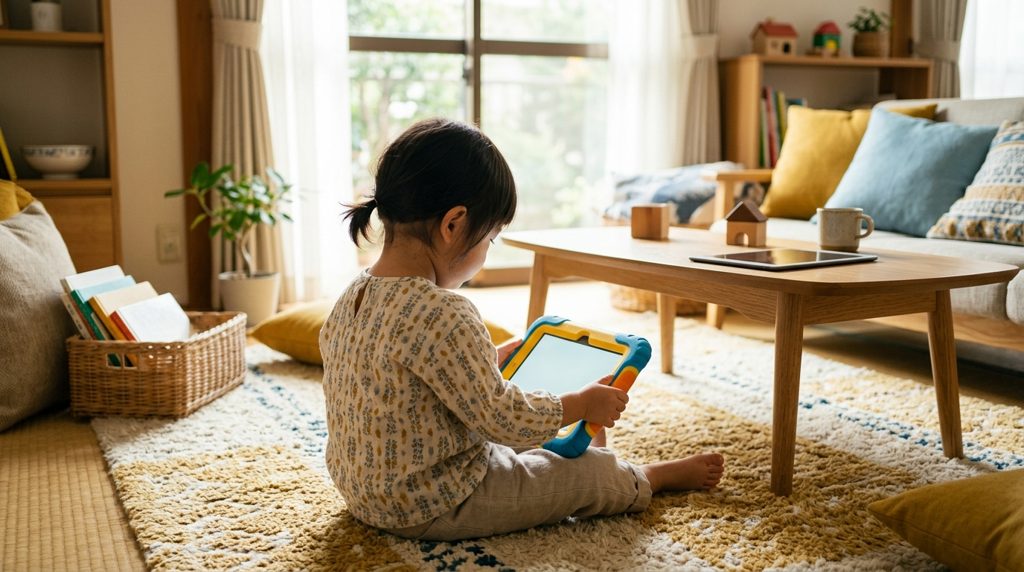 日本のリビングで、子ども用の学習タブレットと汎用タブレットが並んでいる様子