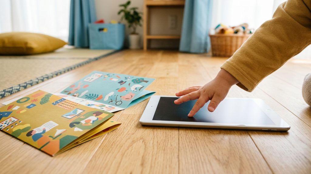 子供の小さな手がタブレットに触れようとしている様子。横にはパンフレット。