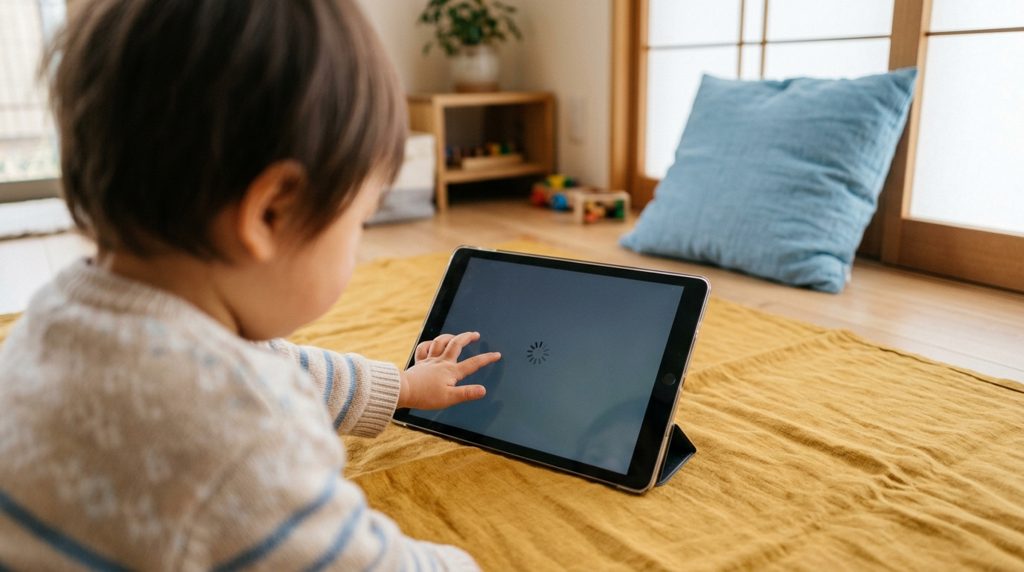 からし色のマットの上で、反応しないタブレットに触れる子供の手